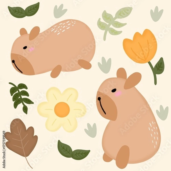 Obraz Cute capibara with leaves and flowers seamless pattern in beige background