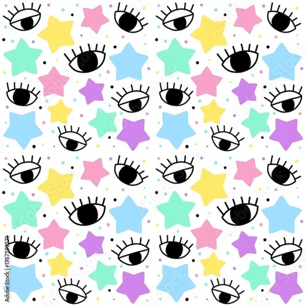 Obraz Black eyes with colorful pastel colors stars and dots seamless pattern in white background