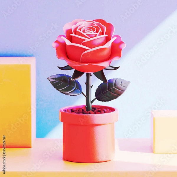 Fototapeta Red rose in a red pot with pastel background flower