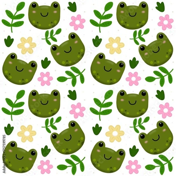 Obraz Cute frog face with flowers and leaves seamless pattern in white background