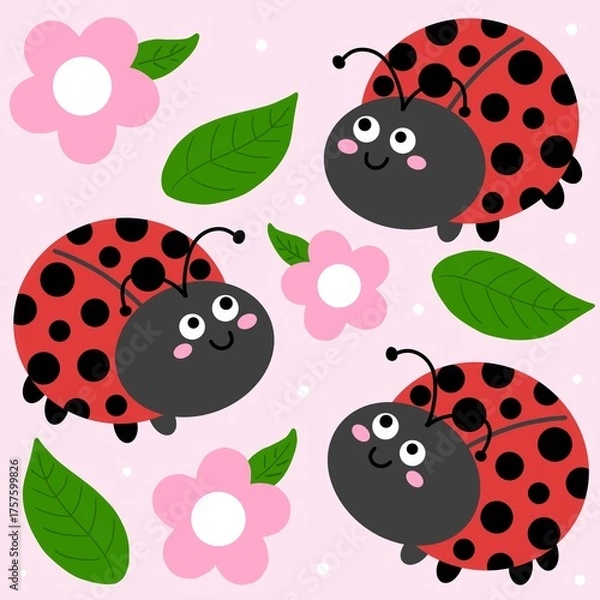 Obraz Cute ladybug with pink flowers and leaves seamless pattern in pink background