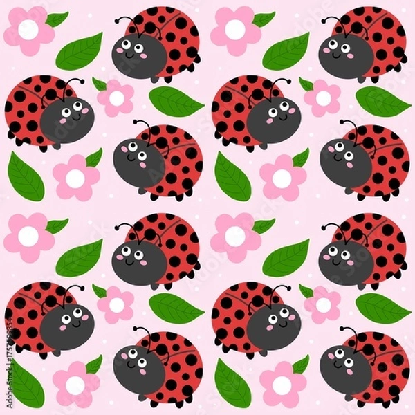 Obraz Cute ladybug with pink flowers and leaves seamless pattern in pink background