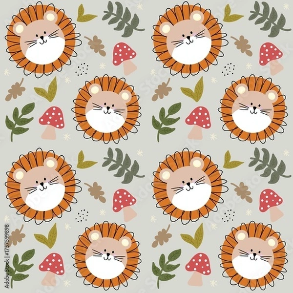 Obraz Cute lion face with leaves and mushrooms in a garden seamless pattern with green background