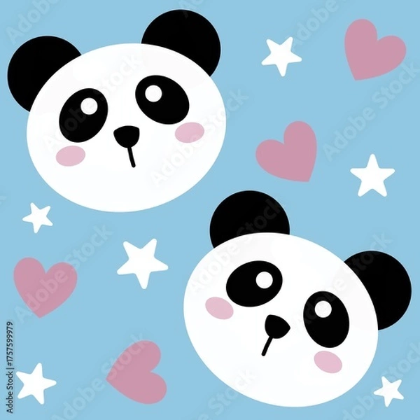 Obraz Cute panda face with white stars and pink hearts seamless pattern in blue background