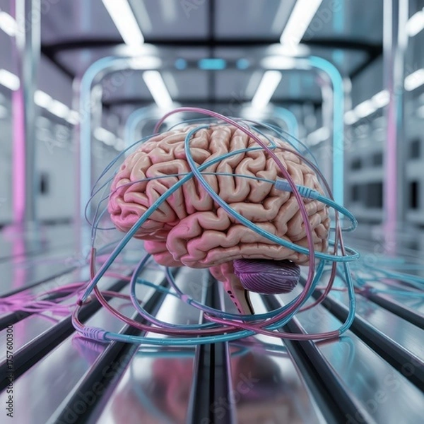 Fototapeta Futuristic digital brain network technology isolated on white background