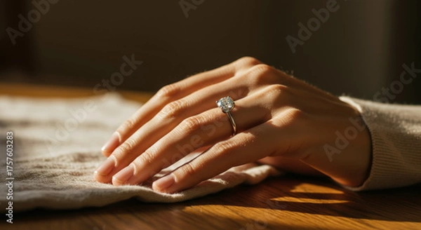 Obraz Close Up Of A Woman's Hand Wearing A Brilliant Diamond Engagement Ring In Soft Sunlight