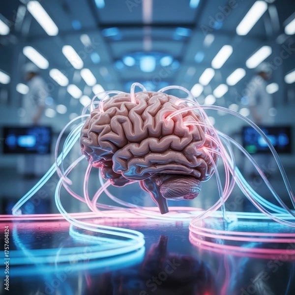 Fototapeta Digital brain with futuristic neon lights isolated on white background