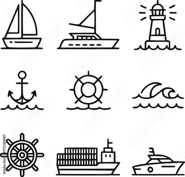 Obraz Nautical Vessels Outline Icon Pack Ocean Adventure and Sailing Concepts