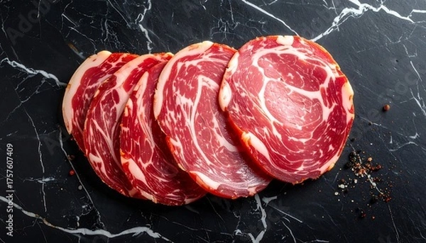 Fototapeta Slices of cured meat with red and white marbling on a black marble surface with white veins
