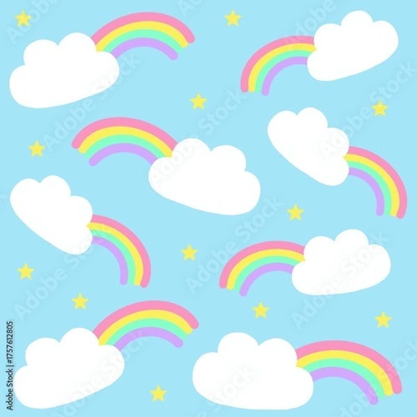 Obraz Cute seamless vector pattern with clouds and rainbows in pastel colors on a blue background