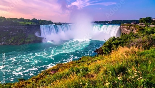 Obraz Wide angle shows a massive waterfall cascading into a turquoise river under a dramatic sky with greenery foreground