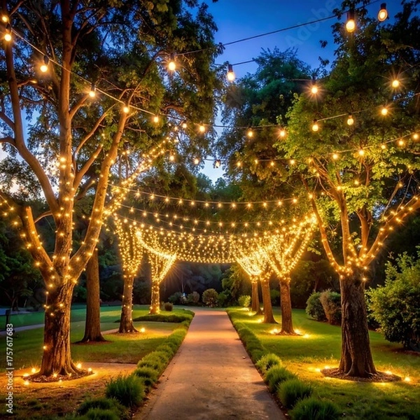 Fototapeta Evening garden path framed by trees and strung with warm fairy lights