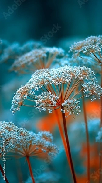 Obraz Delicate frost-kissed wildflower umbels emerge against a dreamy teal and orange background, capturing the ethereal beauty of nature's intricate frost-covered botanical structures