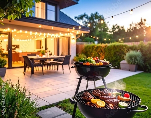 Fototapeta Evening outdoor scene with grilling food, patio set, and string lights
