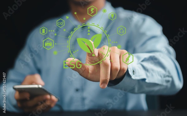 Fototapeta ESG icon with green energy, CO2, recycling, and mobility symbols on virtual interface. Concept of digital ESG strategy, environmental responsibility, and sustainability tech.