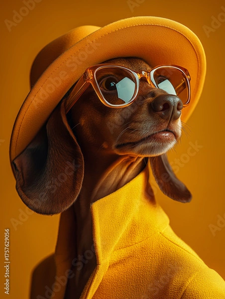 Obraz A stylish portrait dachshund dressed in a yellow outfit, sunglasses and hat. 