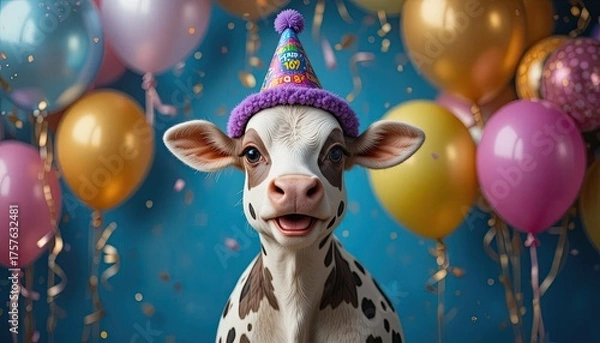 Obraz happy birthday party celebrating with little cow