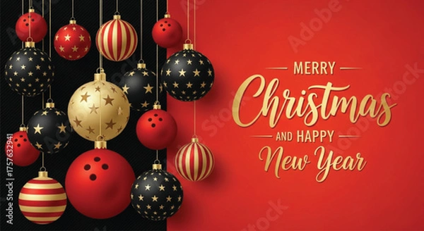 Fototapeta A festive Christmas background featuring hanging ornaments in red, black, and gold, complemented by a Merry Christmas and Happy New Year greeting on a red backdrop.