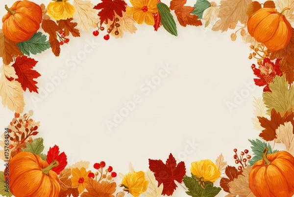 Obraz Festive autumn frame with pumpkins, colorful leaves and berries on light background with copy space. Ideal for Thanksgiving banners, invitations, posters, ads, social media and seasonal mockup