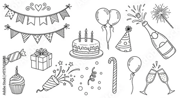 Obraz Festive hand-drawn birthday celebration doodle set with playful party elements balloons, cake, gifts, champagne, confetti, and decorative banners for event design
