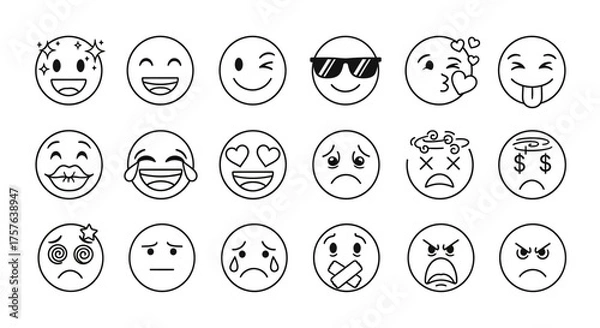 Fototapeta Modern graphic collection of outlined emoji icons, illustrating a vast spectrum of human emotions including delight, love, surprise, sorrow, and irritation, suitable for contemporary digital designs