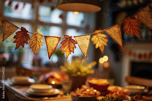 Obraz Close-up of fall leaf garland over a blurred Thanksgiving dinner table with warm lights and bokeh. Ideal for banners, ads,, seasonal design, festive home decor concepts. holiday meal