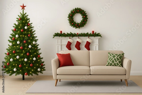 Fototapeta Cozy Christmas Living Room Interior with Decorated Tree, Sofa, Wreath and Red Stockings – Minimalist Scandinavian Holiday Home Décor with Warm Lighting and Festive Modern Style
