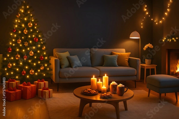 Fototapeta Cozy Dark Christmas Living Room Interior with Glowing Tree, Candles, Fireplace and Gifts – Warm Festive Holiday Home Décor with Soft Lighting and Elegant Scandinavian Style