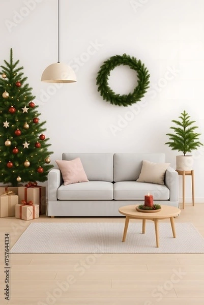 Fototapeta Vertical Christmas Living Room with Cozy Sofa, Decorated Tree, Gifts, and Festive Wreath – Vertical Mobile-Size Image