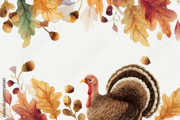 Obraz Watercolor Thanksgiving illustration with turkey, fall leaves and acorns on white paper texture. Copy space in center for text. For greeting cards, banners, invitations, ads, seasonal design projects
