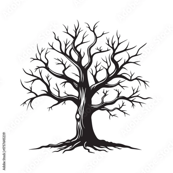 Obraz Detailed illustration of a bare deciduous tree with intricate branches and exposed roots on a white background