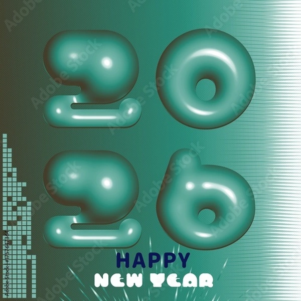Obraz teal toned 2026 happy new year illustration with pixelated tree and abstract background