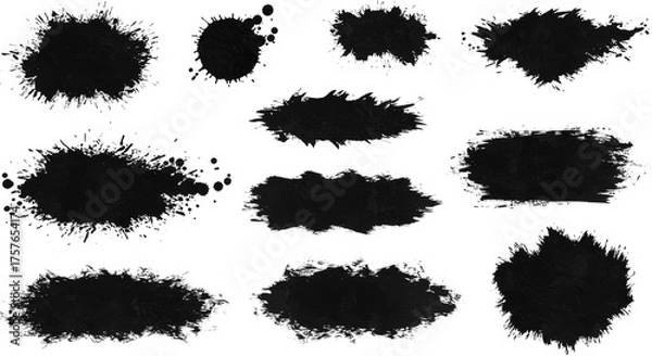 Fototapeta Black Paint Splatter Vector Set, Grunge Ink Stains, Brush Stroke Textures, and Dirty Artistic Splashes for Graphic Design and Backgrounds