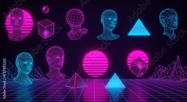 Fototapeta Retro Futuristic Vector Set, Abstract Geometric Shapes, Wireframe Sculptures, and Cyberpunk Techno Art in Neon Psychedelic Style