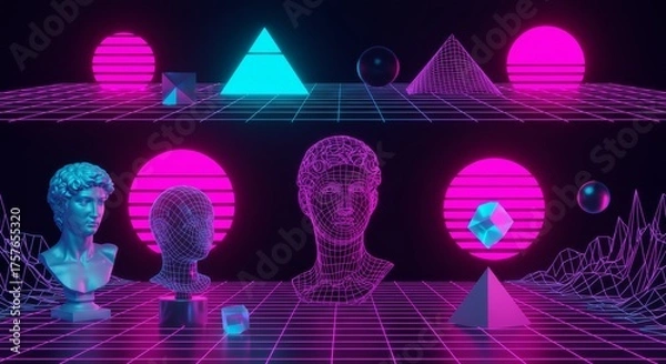 Fototapeta Retro Futuristic Vector Set, Abstract Geometric Shapes, Wireframe Sculptures, and Cyberpunk Techno Art in Neon Psychedelic Style