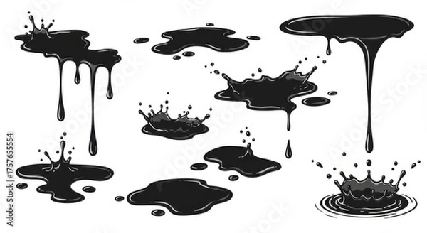Fototapeta Puddles and Water Drops Vector , Black Dripping Liquid Silhouettes, Ink Flow, Splashing Water, and Tear Drop Design Elements Isolated on White Background