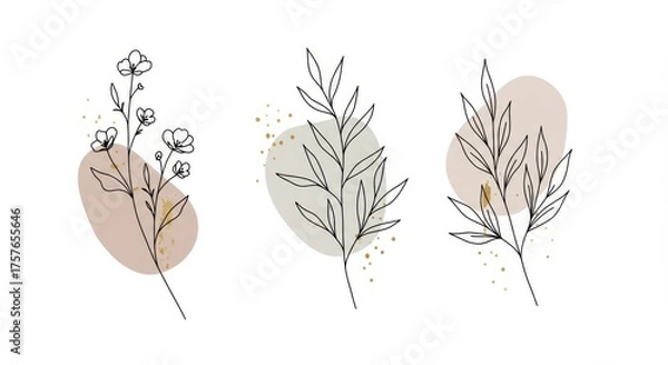 Fototapeta Minimal Feminine Botanical Floral Branch Vector — Hand Drawn Silhouette of Elegant Wedding Herbs and Rustic Greenery Illustration for Modern Branding and Invitation Design