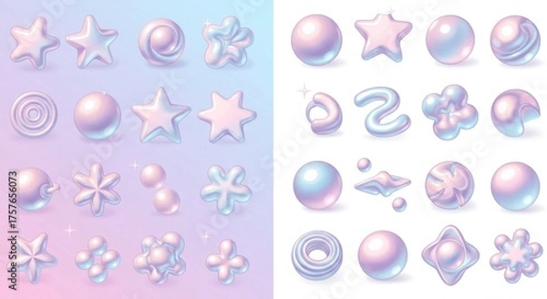 Fototapeta Big Vector Set of Y2K Design Elements, Trendy Abstract Minimalist Stars, Flowers, and Circles in Futuristic Chrome Gradient Aesthetic for Retro 2000s Style Posters and Digital Art