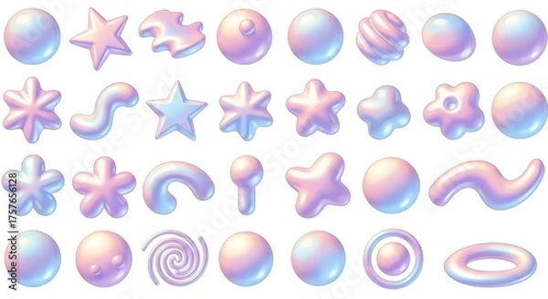 Fototapeta Big Vector Set of Y2K Design Elements, Trendy Abstract Minimalist Stars, Flowers, and Circles in Futuristic Chrome Gradient Aesthetic for Retro 2000s Style Posters and Digital Art