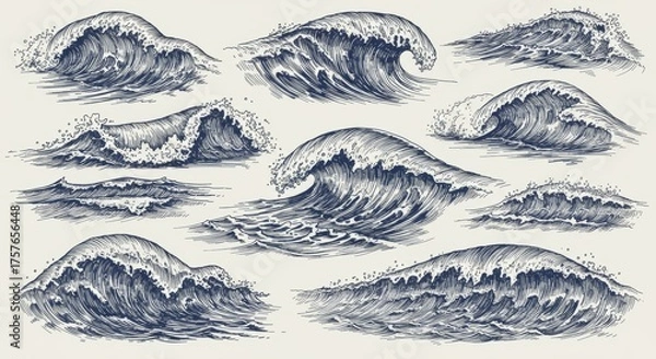Fototapeta Sea Waves Sketch Vector Set, Hand-Drawn Ocean Storm Waves, Vintage Tides, and Beach Surf Illustrations for Nautical Art, Retro Prints, and Marine Design Elements