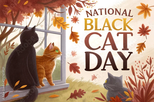 Obraz Cozy Autumn Illustration of Cats Looking Out a Window for National Black Cat Day, Surrounded by Falling Leaves