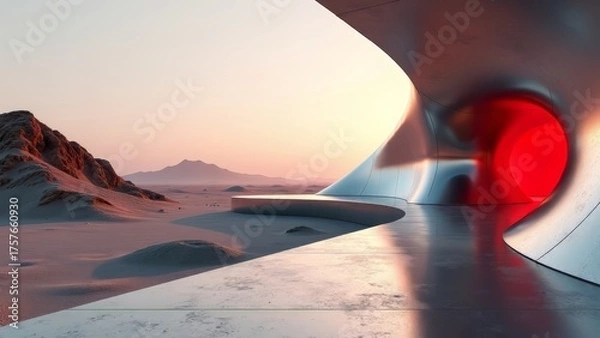 Fototapeta Futuristic architecture in desert landscape with red portal