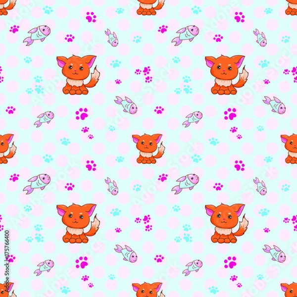 Fototapeta Cute cat seamless pattern. Kitty with fish. Blue background. Sweet red funny kitten
