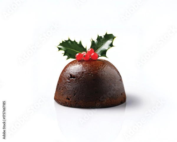 Obraz Classic British Christmas Pudding Isolated on White Background. Rich and dark British Christmas pudding made with dried fruits and spices, decorated with holly leaves. A timeless festive dessert.