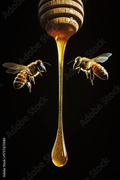 Obraz Golden stream of honey dripping from wooden dipper with two realistic bees hovering on black background, macro food concept, natural sweetness, beekeeping theme, copy space for branding, advertising