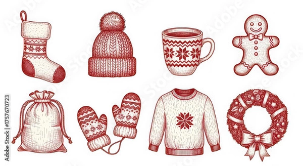 Fototapeta Collection of hand drawn christmas items isolated on transparent background