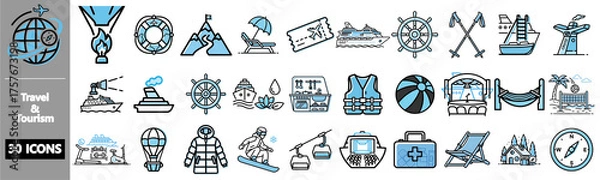 Fototapeta A collection of 30 blue and black outline icons representing various travel and tourism activities and objects, including mountains, beaches, ships, skiing, and camping.