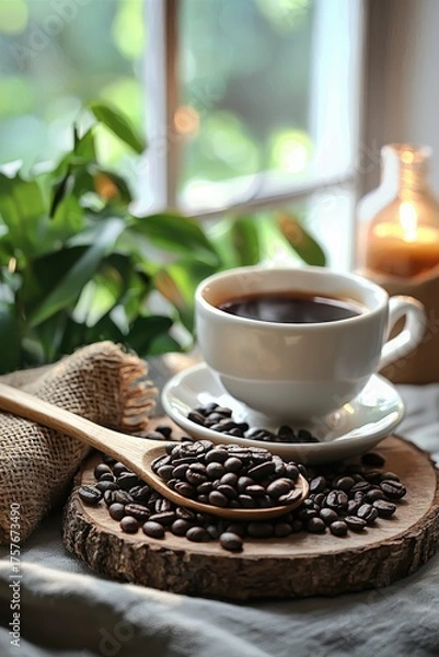 Obraz Warm coffee still life with a cup of black coffee, roasted beans, wooden spoon and burlap on rustic slice by window. Ideal for cafe ads, blogs, banners, packaging, lifestyle designs. Copy space