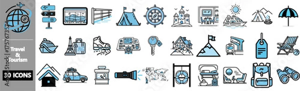Fototapeta Collection of travel and tourism icons in a blue and gray color scheme, representing various activities.