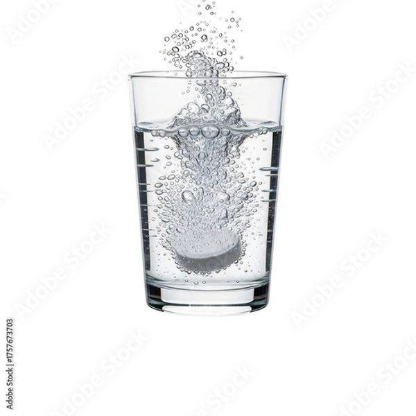 Fototapeta Effervescent tablet dissolving in glass of water dynamic chemical reaction macro shot